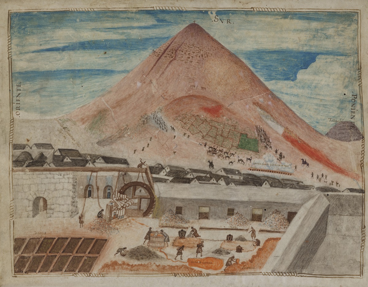 Unidentified artist, The Silver Mine at Potosí, c. 1585, watercolor on parchment, 10 13/16 × 8 7/16 in. (27.5 × 21.5 cm), The Hispanic Society Museum and Library, New York, photo © The Hispanic Society Museum and Library, New York