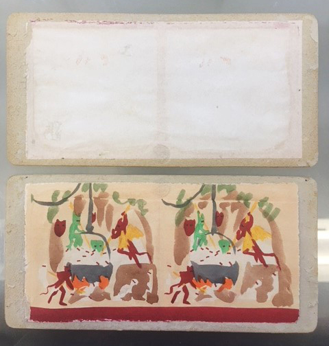 Les Diableries: A46—La Chaudiere du Diable (c. 1875) during treatment, separated into two halves: front window card with albumen print (at bottom), and back window card with tissue (at top).