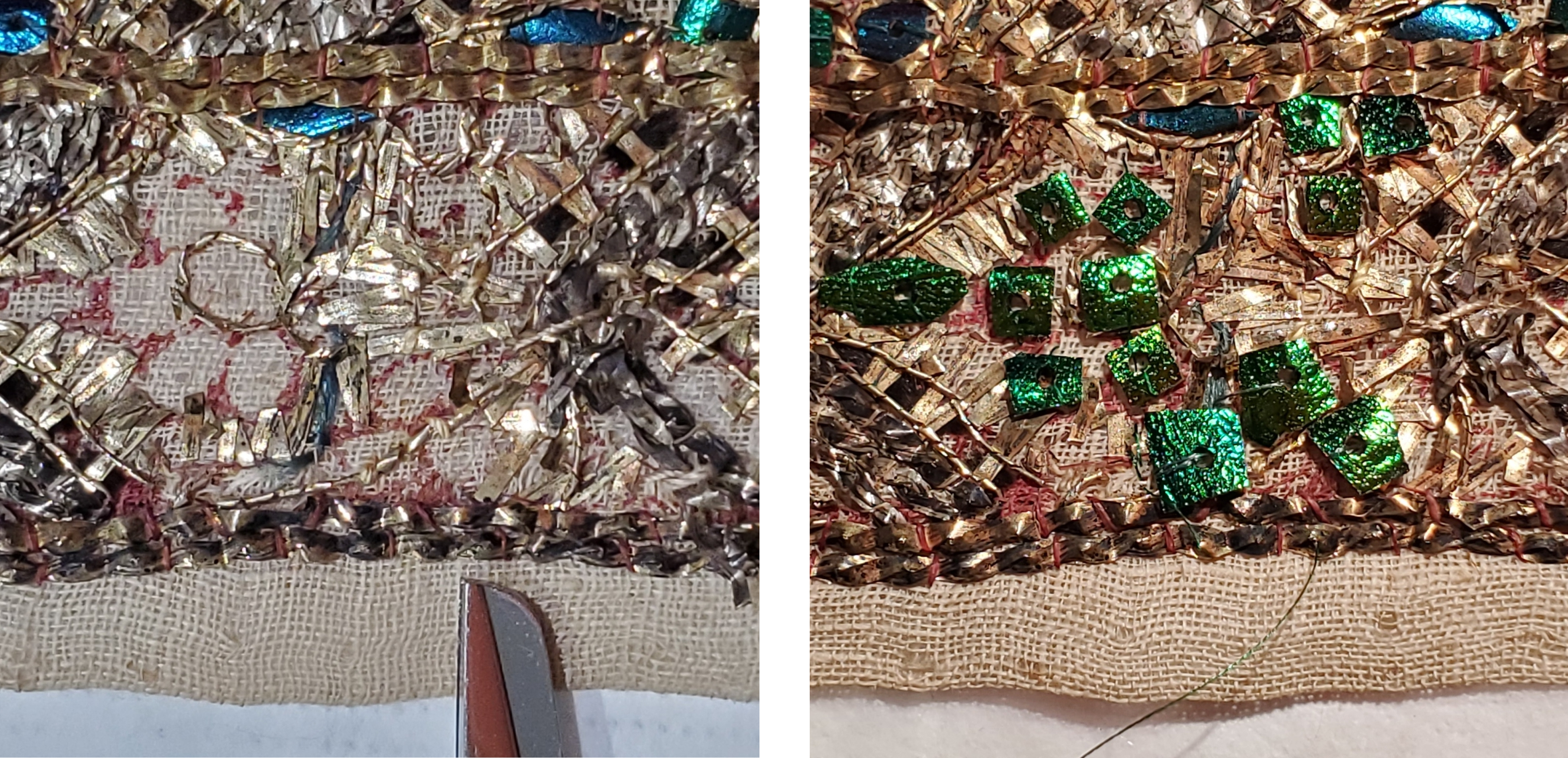Edge of sash before and after having sequins sewn on