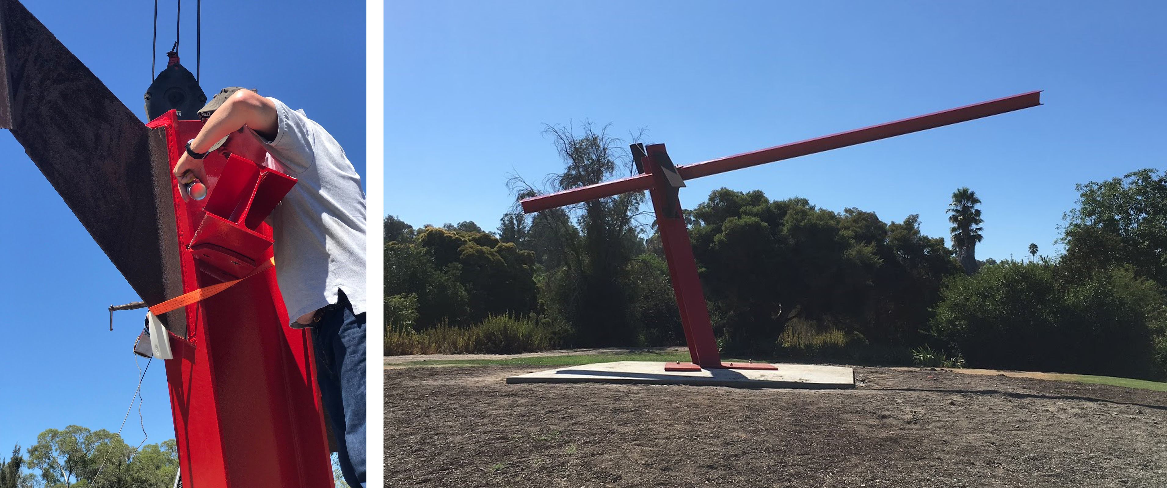 Installation photographs featuring Mark di Suvero’s Teha (1971), in the exhibition Hide and Seek: Art Meets Nature, at the South Coast Botanic Garden, © Mark di Suvero