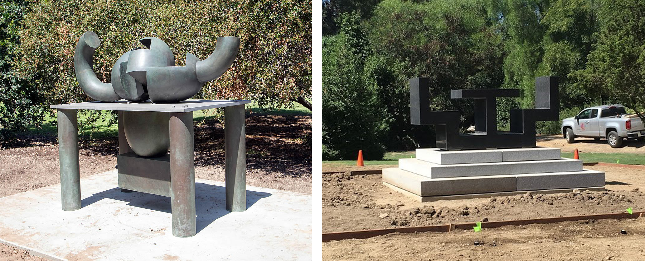 Left: Installation photograph, featuring Peter Voulkos’s Firestone (1965), in the exhibition Hide and Seek: Art Meets Nature, at the South Coast Botanic Garden, © Peter Voulkos; Right: Installation photograph, featuring Richard Artschwager’s One on One (1989), in the exhibition Hide and Seek: Art Meets Nature, at the South Coast Botanic Garden, © Richard Artschwager