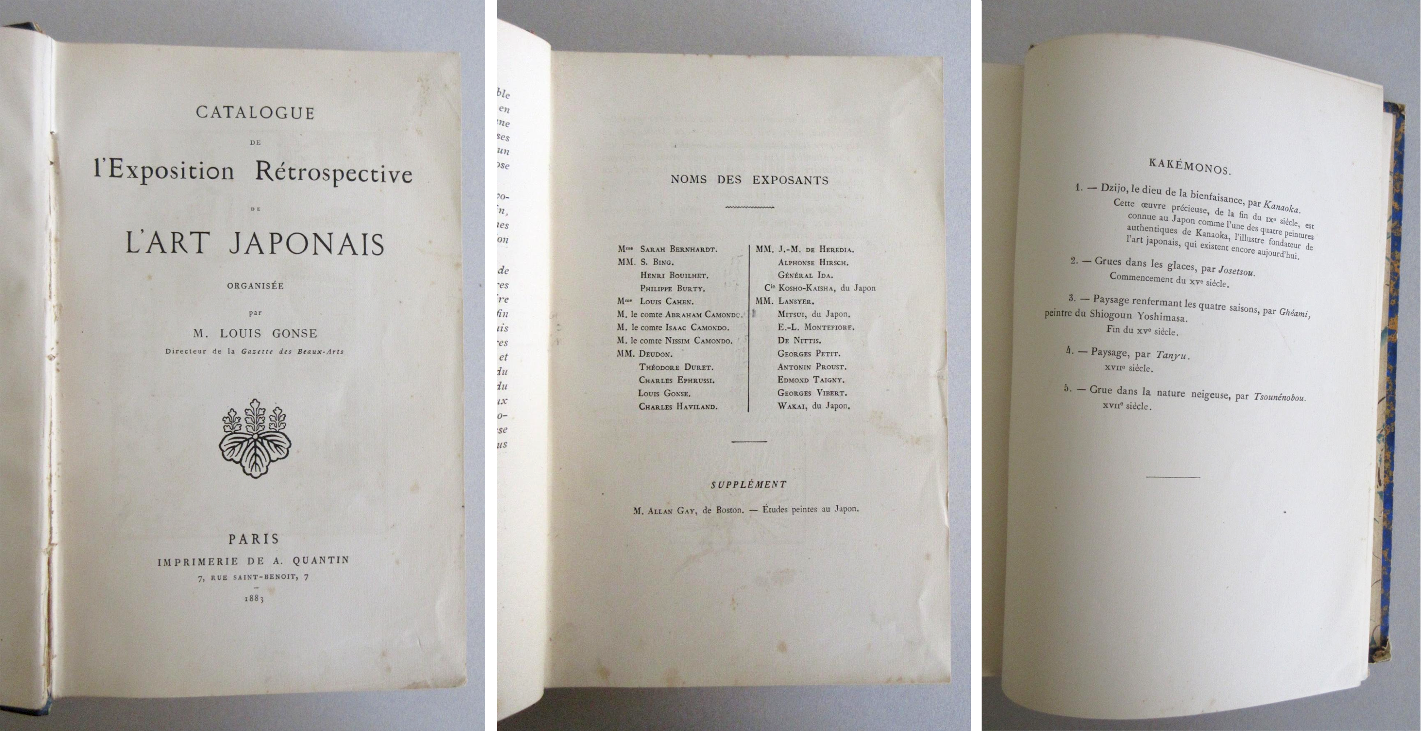 The title page, exhibitors list, and list of hanging scroll paintings exhibited by Wakai from Catalogue de l’Exposition Rétrospective de L’art Japonais by Louis Gonse (Paris: Quantin, 1883)