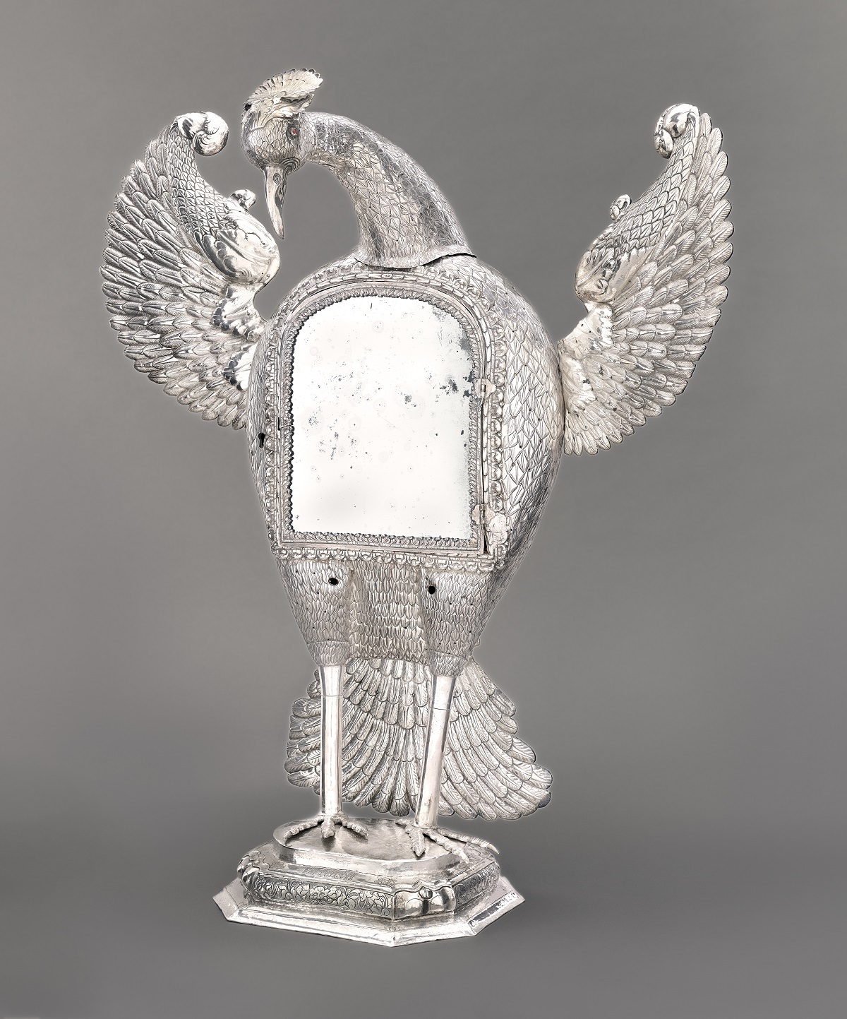 Unidentified artists, Bolivia (Potosí), c. 1760, Eucharistic Urn in the Form of a Pelican, wrought, repoussé, and chased silver, 42 1/4 × 35 1/2 × 18 1/2 in. (107.32 × 90.17 × 47 cm), purchased with funds provided by the Bernard and Edith Lewin Collection of Mexican Art Deaccession Fund in honor of Julian Sands