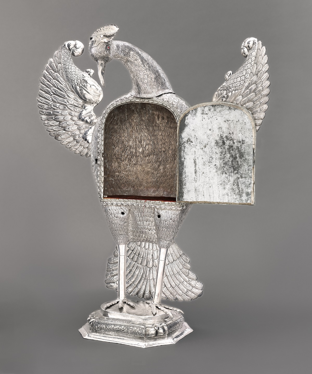 Unidentified artists, Bolivia (Potosí), c. 1760, Eucharistic Urn in the Form of a Pelican, wrought, repoussé, and chased silver, 42 1/4 × 35 1/2 × 18 1/2 in. (107.32 × 90.17 × 47 cm), purchased with funds provided by the Bernard and Edith Lewin Collection of Mexican Art Deaccession Fund in honor of Julian Sands