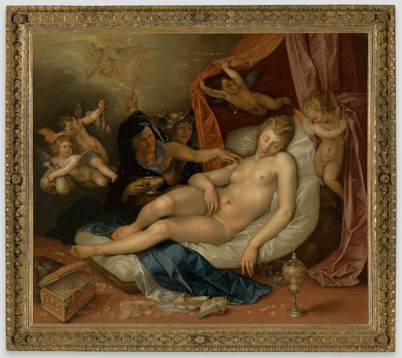 Nude woman sleeps on a propped up bed with red curtains held back by two child angels. Two women tend to the sleeper, while two more angels hover behind them. Jewels and coins are strewn on the floor