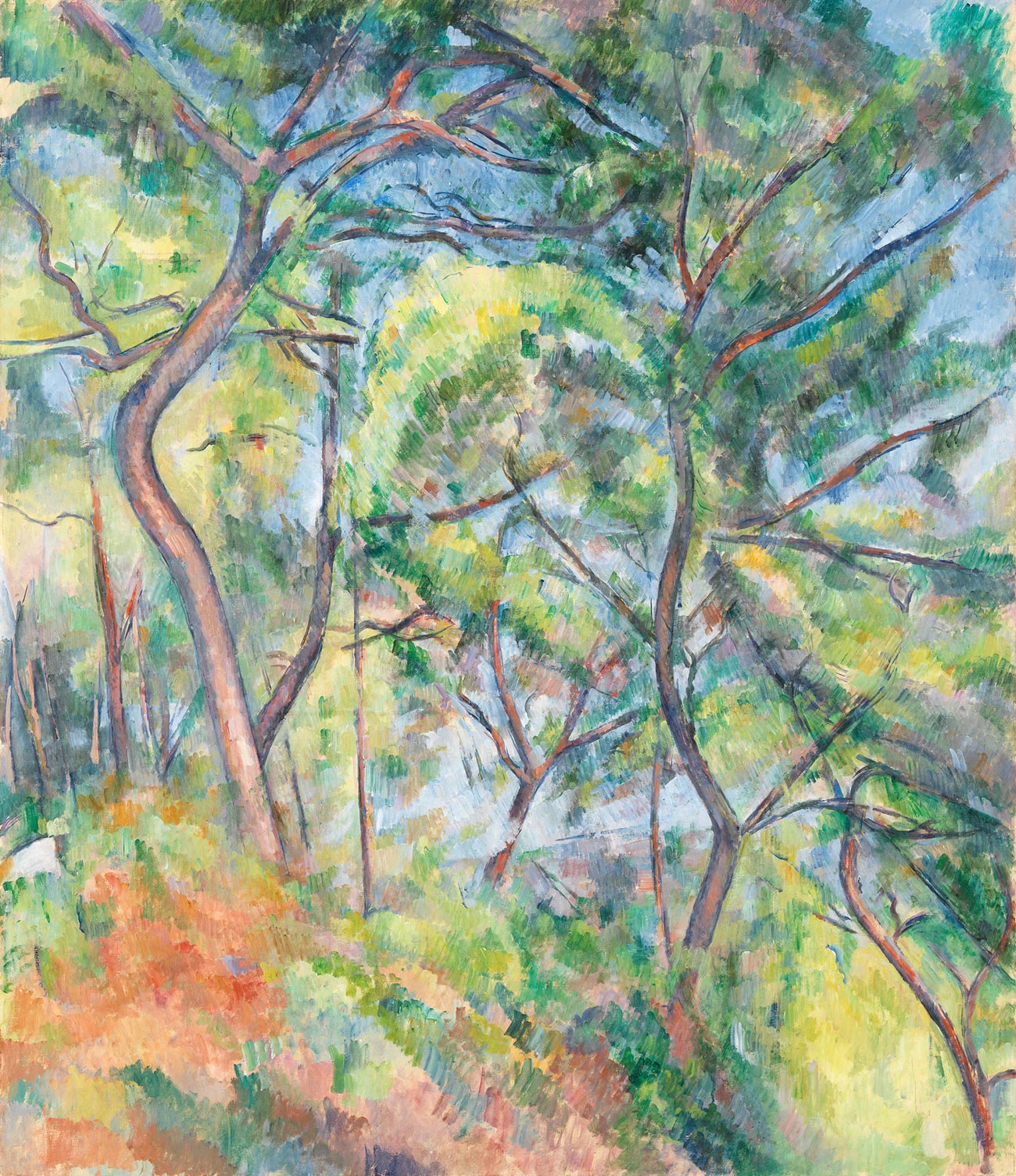 Abstract painting of tree trunks and green and red foliage fills the image.