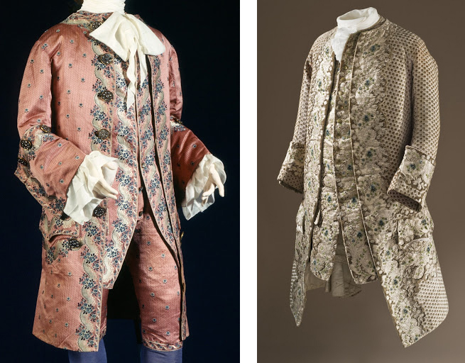 Left: Man's Suit (Coat, Waistcoat, and Breeches), France or Germany, 1740s–50s; Right: Man's Coat and Waistcoat, France, c. 1750. Both: Los Angeles County Museum of Art, Costume Council Fund, photo © Museum Associates/LACMA