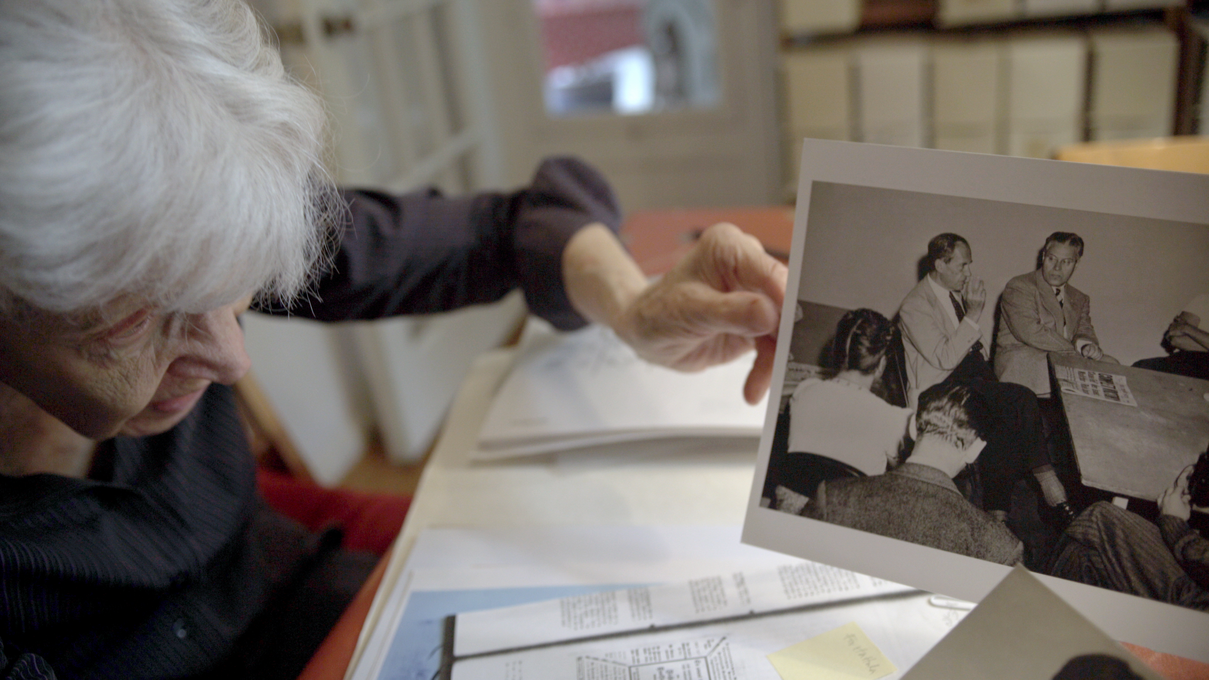 Hattula Moholy-Nagy with a photograph of her father and Walter Gropius, still from The New Bauhaus, courtesy of Opendox, director: Alysa Nahmias, photographer: Petter Ringbom