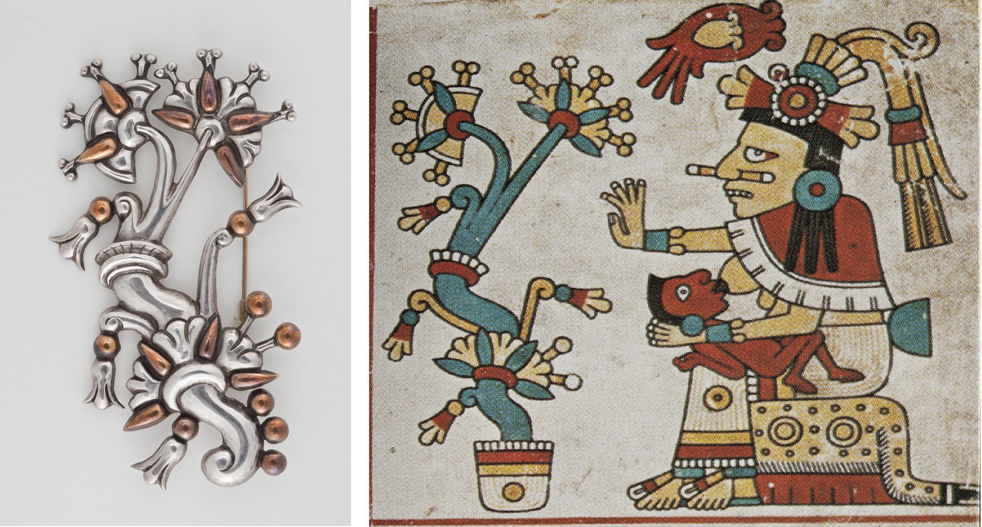 Left: William Spratling, "Tree of Life Brooch," c. 1938–44, silver and copper. Gift of Ronald A. Belkin, Long Beach, California; Right: "Xochiquetzal," from the "Codex Fejérváry-Mayer," Nahua, Mexico, 1350–1500, World Museum, Liverpool, Great Britain, folio 29, photo © 2013 Museum Associates/LACMA