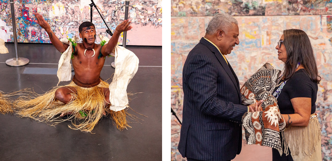 Left: Fijian dancers performing; Right: PM Bainimarama and Cindi Alvitre