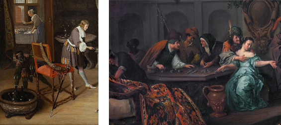Left: (fig. 4) Jan Havicksz Steen, Fantasy Interior with Jan Steen and the Family of Gerrit Schouten (detail), c. 1659–60, The Nelson-Atkins Museum of Art, purchase by William Rockhill Nelson Trust, photo: Melville McLean; Right: (fig. 5) Jan Steen, Samson Offended by the Philistines (detail), 1675, inv. no. 338, Royal Museum of Fine Arts Antwerp - Flemish Community, photo: Rik Klein Gotink