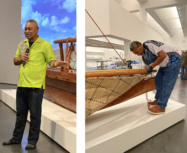 Joji Marau Misaele (left) and Setareki Domonisere (right) finishing the drua for LACMA's exhibition Fiji: Art & Life in the Pacific