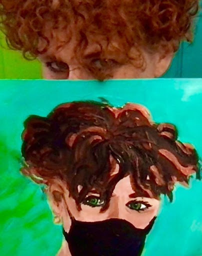 Self-portrait and painting on green background