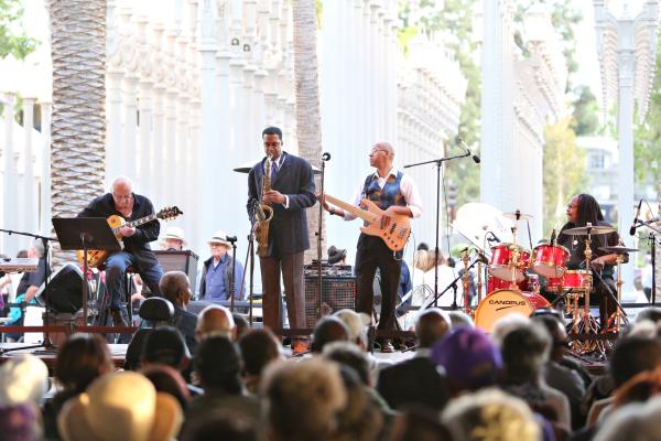 Band playing music on outdoor stage