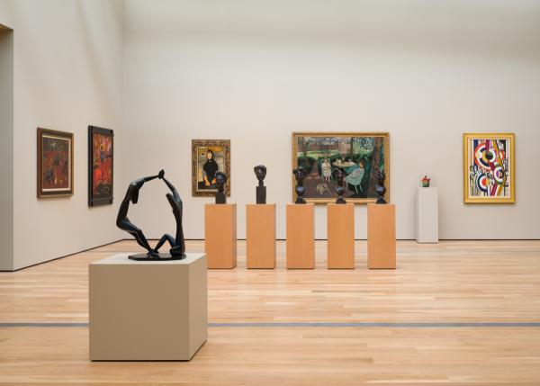 Sculptures and paintings in a gallery
