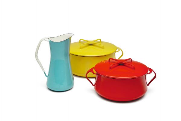 Colorful cooking pots and pitcher