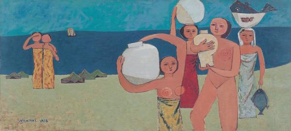 Painting of women on the beach holding jars