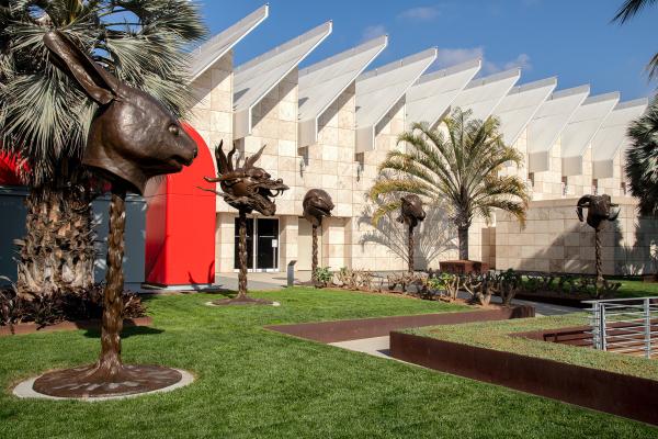 Exterior of LACMA's campus with animal head sculptures