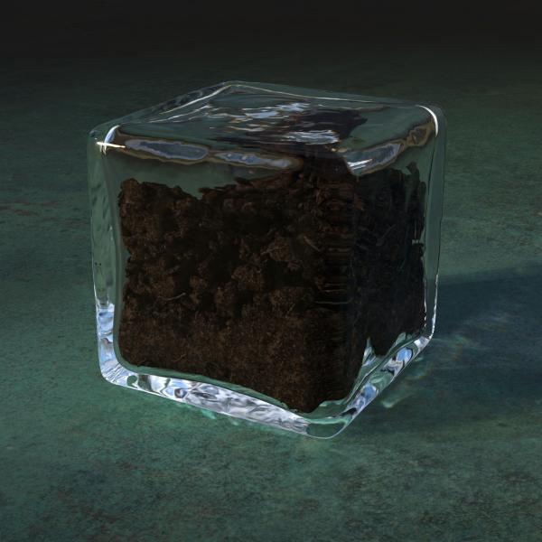 Photorealistic render of a glass block with thick and imperfect walls, mostly filled with spiraling white and blue metal strips. Caustics and refraction scatter light through the block and onto a floor like rusted copper