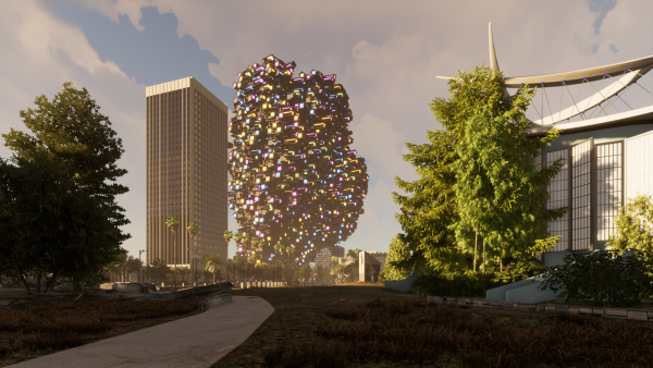 Digital image of urban landscape with skyscraper, trees, and architectural digital artwork