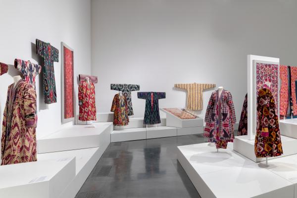 Installation photograph, Power of Pattern: Central Asian Ikats from the David and Elizabeth Reisbord Collection at the Los Angeles County Museum of Art