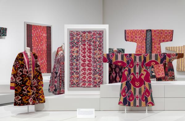 Installation photograph, Power of Pattern: Central Asian Ikats from the David and Elizabeth Reisbord Collection