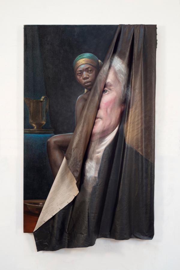 Painting of a woman emerging from behind a rumpled portrait of Thomas Jefferson