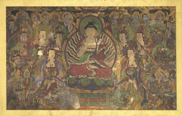 18th-century Korean painting depicting Seokgamoni Bul (Shakyamuni Buddha), Munsu Bosal (Bodhisattva Manjushri), Bohyeon Bosal (Bodhisattva Samantabhadra), and Entourage