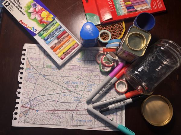 Supplies for LACMA’s at-home art activity Lines and Layers