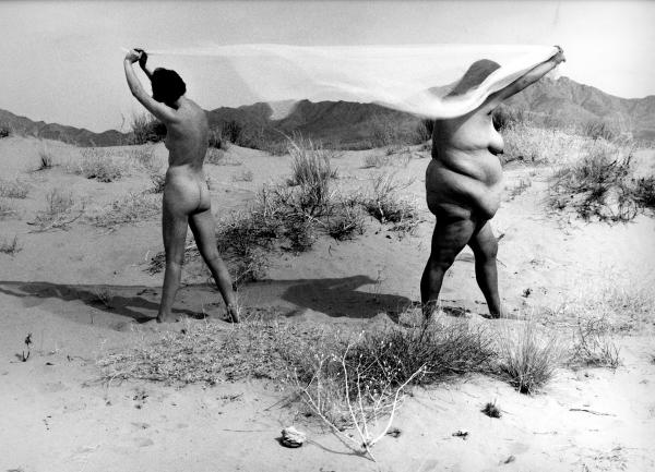 black and white image of two nude women standing apart, facing away from each other in the desert, a sheer piece of fabric stretched out between them, held over their heads