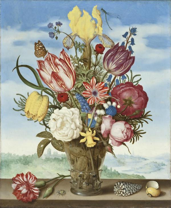 Painting of a glass vase filled with colorful flowers