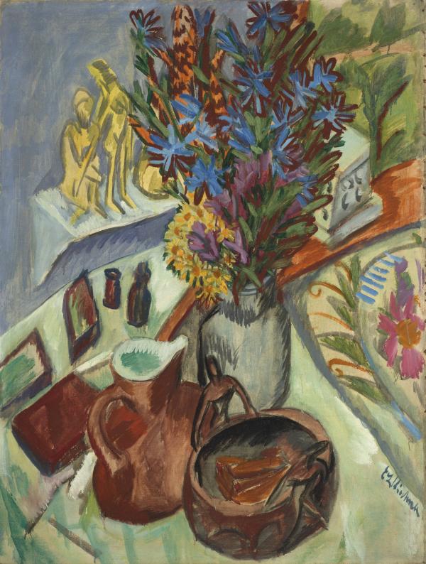 Colorful still-life painting of flowers and jugs