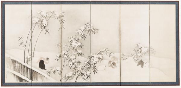 Maruyama Ōkyo, Puppies among Bamboo in Snow, 1784