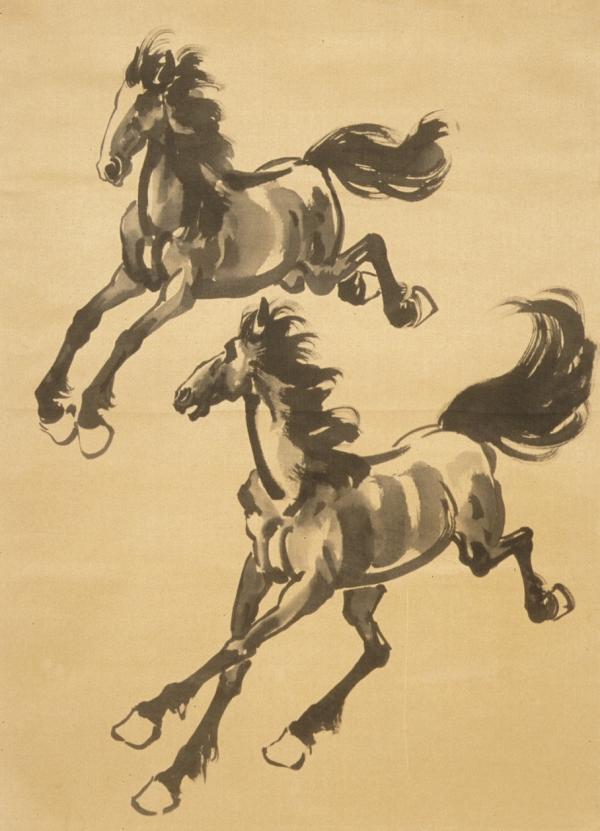 Two painted horses on tan backdrop