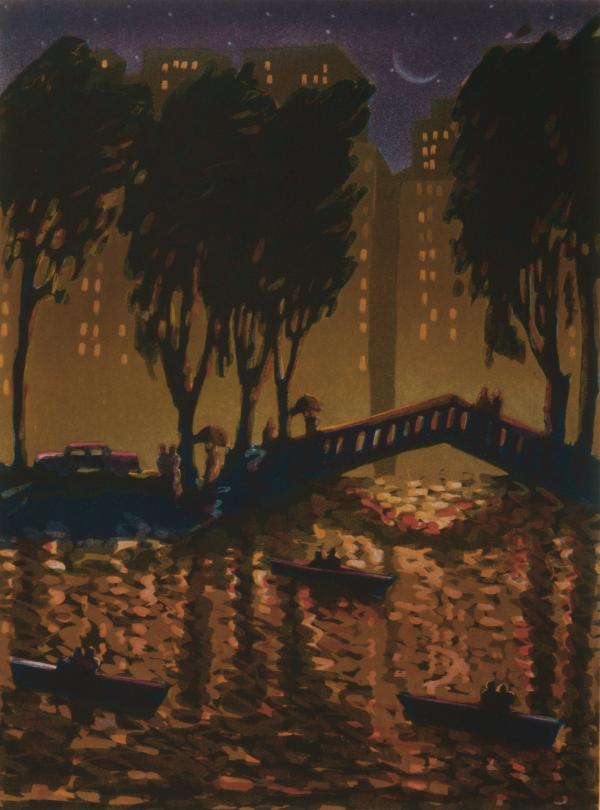 print of Echo Park bridge at night