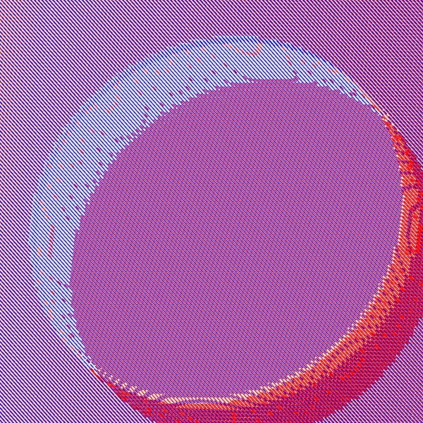 Digital image of a circular band that is red on the right side and blue on the left against a purple-pink background