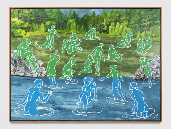 Painting with figures drawn on landscape