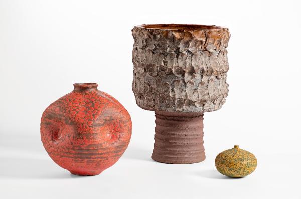 Doyle Lane, (left to right) Vase, c. 1965, Vessel, c. 1969, and Vase, c. 1967, largest: 10 3/8 × 7 1/2 (diameter) in., Los Angeles County Museum of Art, gift of the 2018 Decorative Arts and Design Acquisition Committee (DA²), photo © Museum Associates/LACMA