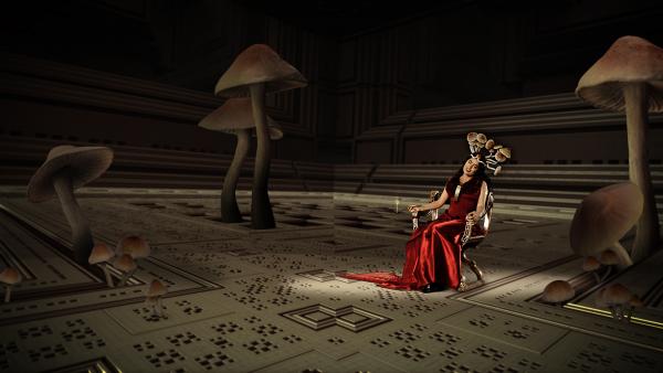 Woman in red dress sitting in chair wearing a crown of mushrooms, giant mushrooms in the room to the left of her