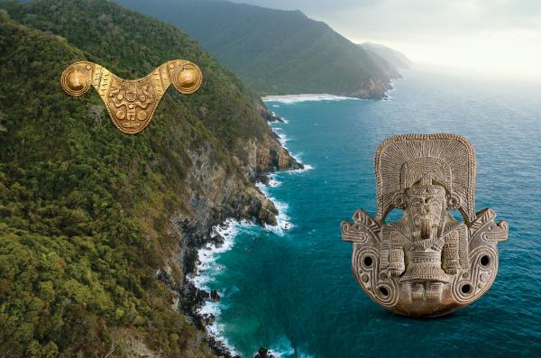 Artifacts overlaid on a photograph of a coastal landscape