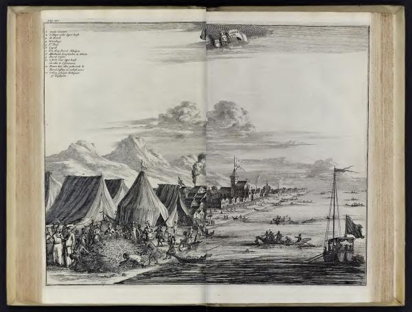 Johan Nieuhof, Parel Vissery voor toute Couryn" (Pearl fishing before Tuticorin) in Gedenkweerdige Brasiliaense Zee en Lantreize, published by Jacob van Meurs, Amsterdam, 1682