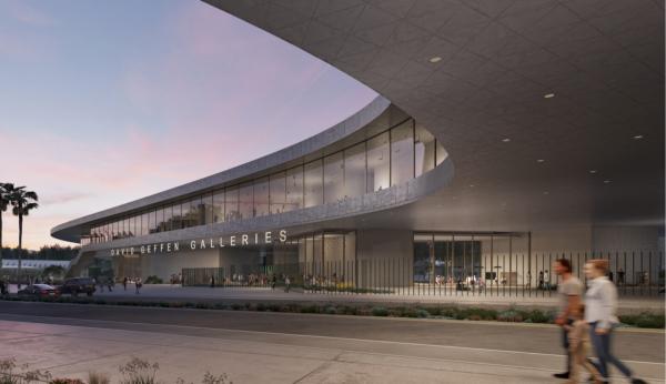 Rendering of exterior view of gray concrete building at dusk