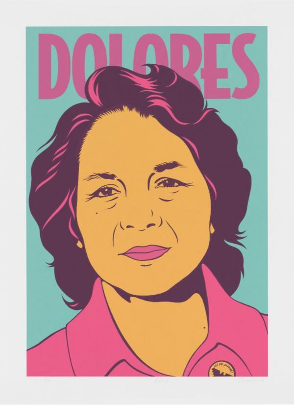 Colorful poster of a woman that reads "Dolores"