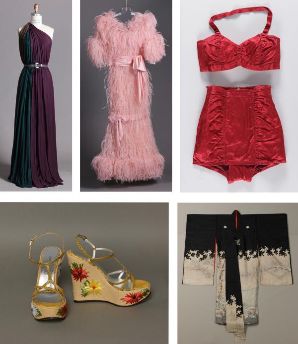  Clockwise from top left:  James Galanos, Woman’s Dress, 1975; Yves Saint Laurent, Woman’s Dress, Fall/Winter 1987–88; Catalina Sportswear, Woman’s Swimsuit, c. 1940; Child's Ceremonial Kimono with Pair of Mandarin Ducks, Blossoming Plum Tree, and Cherry Blossoms, Japan, Meiji period (1868-1912); Dolce & Gabbana, Woman’s Shoes, 2007