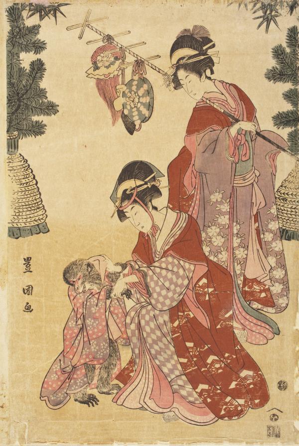 Japanese print of two women dancing with a monkey