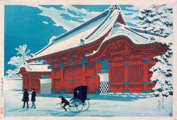 Graphic art featuring a winter scene with Japanese temple