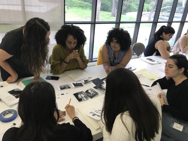 2019 Mellon Summer Academy students: Helen Pinto, Sajdah Nasir, Jennifer Cernada (advisor), Miranda Claxton, Mia Harder, and Jennifer Payan working on their exhibition idea