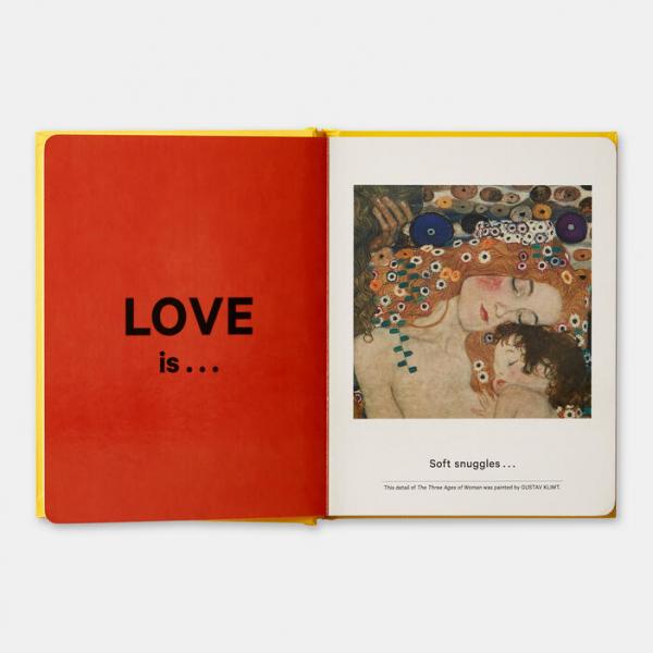 Open book with painting by Gustav Klimt and the words "Love is..."