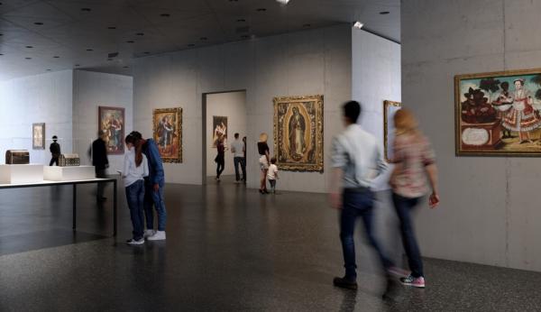 Rendering of visitors in a gallery with art on the walls and pedestals