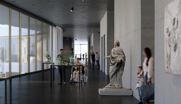 People viewing sculptures in a gallery with floor-to-ceiling windows on one side